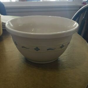 Longaberger Large White Ceramic Mixing Bowl with Blue Pattern